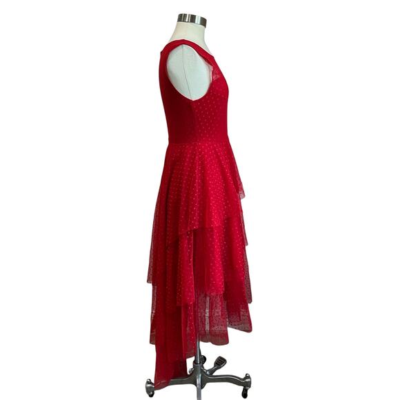 Lulus Gala Glam Red Swiss Dot Tiered High Low Hem Dress Size Small - Picture 3 of 10